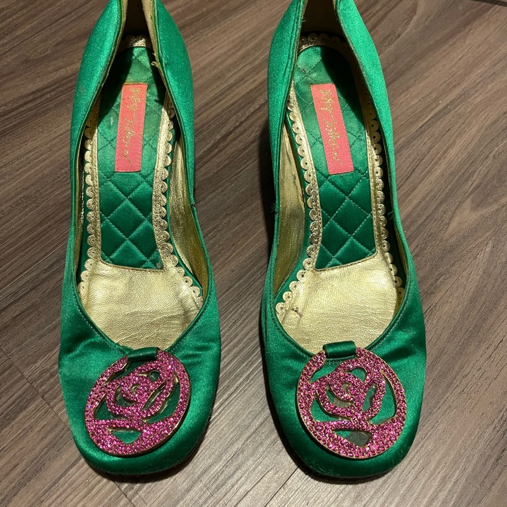 Betsey Johnson green satin flats pink rhinestone rose medallion ballet shoe 6.5